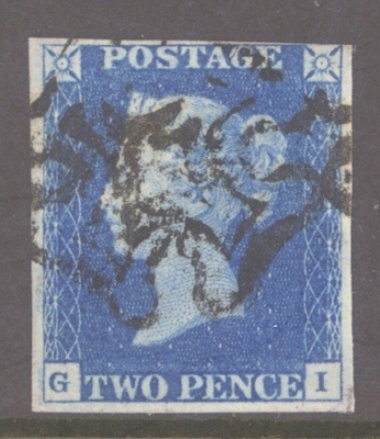 1840 2d Blue SG 5 Plate 2 lettered G.I.  A  Fine Used example with 3 Large Margins 4th margin just touching. Cat £1,100