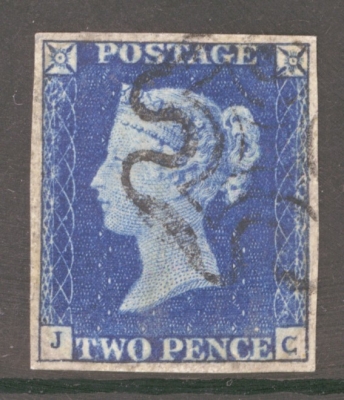 1840 2d Deep Blue SG 4 Plate 1  Lettered F.A.  A Fine Used example with 4 Good to Large Margins Lightly cancelled by a Black M/X
