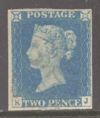 1840 2d Pale Blue SG 6 Plate 1 lettered K.J.  A Very Fine Used example with 4 Good to Large Margins Lightly Cancelled by a Black M/X leaving Queens profile clear