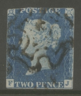 1840 2d Blue SG 5 Plate 1 lettered F.J.  A Fine Used example Cancelled by a black M/X with 2 Clear margins.