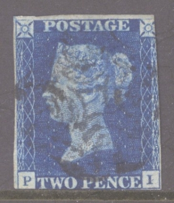 1840 2d Deep Blue SG 4 Plate 1 lettered P.I.  A Fine Used example cancelled by a black M/X. Cat £1,200 