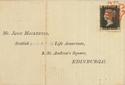 1840 1d Black SG 2 Plate1a lettered T.B.  A Very Fine Used example with 4 Large Margins on printed Equitable Society Form (Partly reduced) Neatly Cancelled by a Superb Red M/X. Cat £1,000