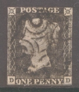 1840 1d Black SG 2 lettered D.D.  A Used example neatly cancelled by a Black M/X