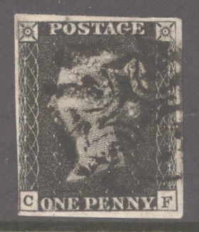 1840 1d Black SG 2 Plate 10 lettered C.F.  A Very Fine Used example with 4 Clear to Large Margins cancelled by a Black M…