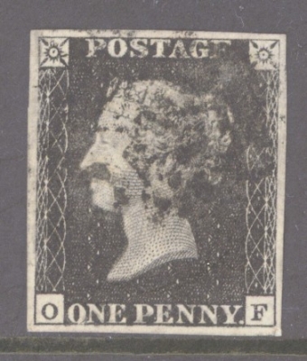 1840 1d Black SG 2  Plate 10 Lettered O.F.   A Fine Used example with 4 Good Even Margins Cancelled by a Black M/X.