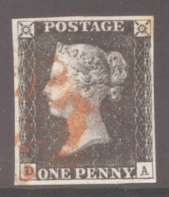 1840 1d Black SG 2  Plate 2 Lettered D.A.  A Fine Used example with 4 Good Margins cancelled by a Red M/X