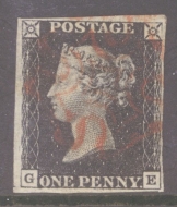 1840 1d Black SG 2  Plate 4 Lettered G.E.  A Very Fine Used example with 4 Clear to Large Margins Neatly cancelled by a Red M/X