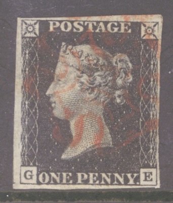 1840 1d Black SG 2  Plate 4 Lettered G.E.  A Very Fine Used example with 4 Clear to Large Margins Neatly cancelled by a …