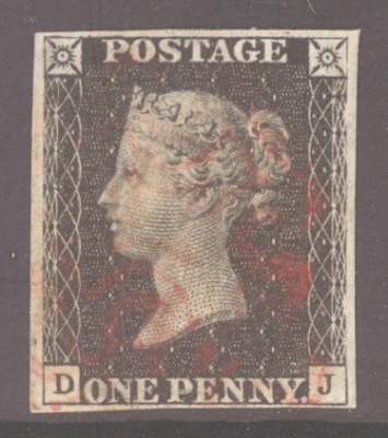 1840 1d Black SG 2  Plate 5 Lettered D.J.  A Very Fine Used example with 4 Good Margins lightly cancelled by a Red M/X
