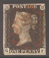 1840 1d Black SG 2 Plate 6 lettered Q.F.  A Very Fine Used example with 3½ Margins neatly cancelled by a Red M/X.