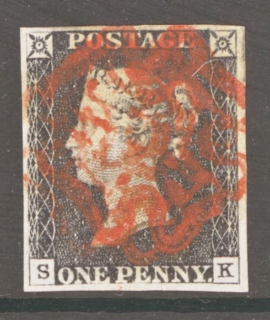 1840 1d Black SG 2 Plate 6 Lettered S.K.  A  Fine Used example with 4 Good to Large Margins Cancelled by a Bright Red M/X.