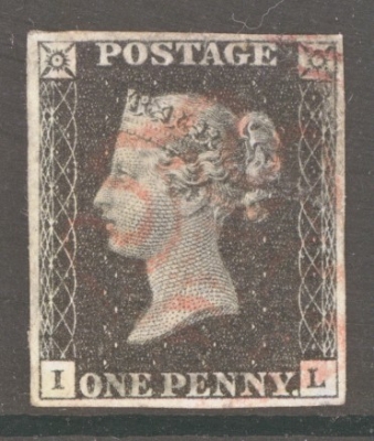 1840 1d Black SG 2 Plate 8 Lettered I.L.  A Very  Fine Used example with 4 Good Even Margins Lightly Cancelled by a Red …