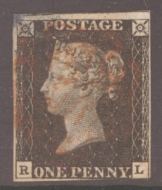 1840 1d Black SG 2 Plate 8 lettered R.L.  A Fine Used example cancelled by a Red M/X. Repaired corner