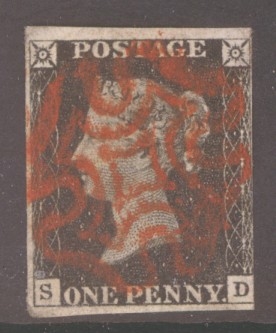 1840 1d Black SG 2 Plate 8 lettered S.D.  A Very Fine Used example with 3 Good to Large margins neatly cancelled by a Red M/X.