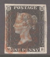 1840 1d Black SG 2 Plate 2 lettered M.B.  A Fine Used example with 4 Good Margins. Horizontal crease Reverse thin