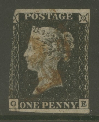 1840 1d Black SG 2 lettered O.E.  A Good Used example cancelled by a Red M/X.
