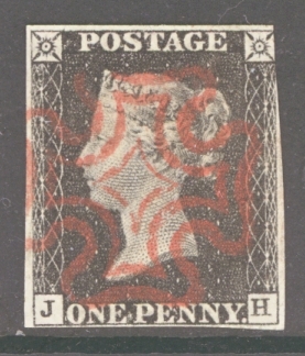 1840 1d Black SG 2 Plate 7 lettered J.H.  A Very Fine Used example with 3½ margins 