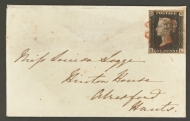 1840 1d Black SG 2 Plate 9 lettered B.L.  A Very Fine Used example with 4 Large Margins cancelled by a Red M/X to small neat cover. Cat £1200