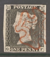 1840 1d Grey Black SG 3 Plate 1b lettered G.F.  A Superb Used example with 4 Good Margins neatly cancelled by a Superb Red M/X.