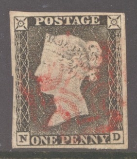 1840 1d Grey Black SG 3 Plate 1a lettered N.D.  A Very Fine Used example with 4 Good to  Large Margins lightly cancelled by a Red M/X.