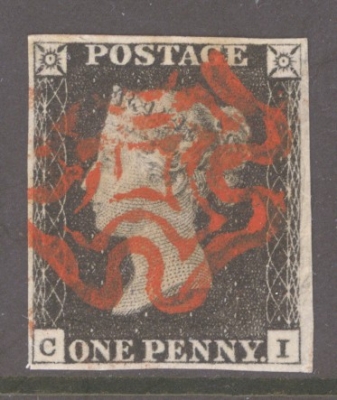 1840 1d Intense Black SG 1 Pl 4 lettered C.I.  A Very Fine Used example with 4 Large margins Neatly Cancelled by a Superb Bright Red M/X. An attractive Stamp. 