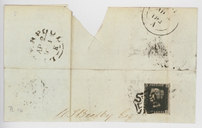 1840 1d Intense Black SG 1  Plate 10 Lettered C.J.  A  Fine Used example with 4 Large Margins cancelled by a Black M/X tied to large piece. Cat £950+
