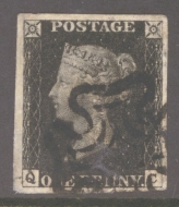 1840 1d Intense Black SG 1 Plate 6 lettered Q.C.  A Very Fine Used example with 4 Large Margins. Reverse thin