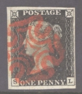 1840 1d Intense Black SG 1 Plate 7 lettered S.L.  A Superb Used example with 4 Good to Extra Large Margins neatly cancelled by a Superb Bright Red M/X.