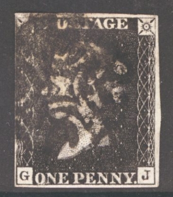 1840 1d Intense Black SG 1 Plate 10 lettered G.J.  A good used example with 4 clear to large margins