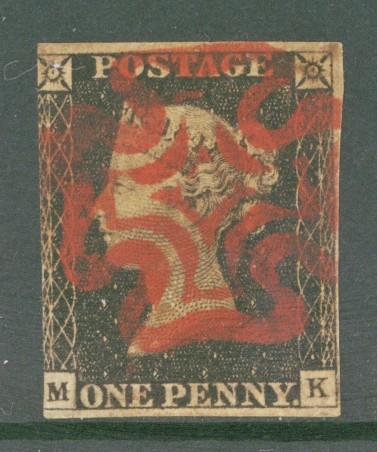 1840 1d Intense Black SG 1 M.K.  A Fine Used example with 3 Clear to Good Margins cancelled by a Bright Red M/X.