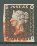 1840 1d Black SG 2  Q.I.  A Fine Used example with 3 Large Margins cancelled by a Red M/X