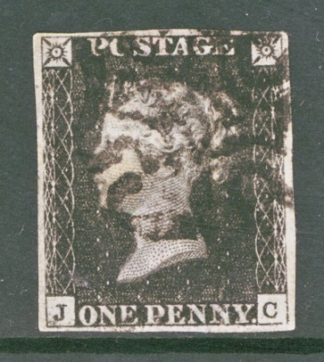 1840 1d Intense Black SG 1 Plate 3 J.C.  A Very Fine Used example with 4 Good Margins cancelled by a Black M/X. Reverse thin