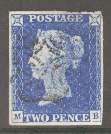 1840 2d Blue SG 5 Plate 1 lettered M.B.  A Very Fine Used example with almost 4 margins Neatly cancelled by a Black M/X. Reverse thin