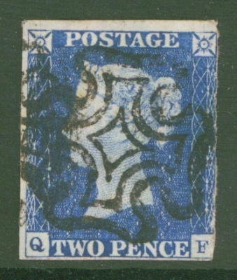 1840 2d Blue SG 5 Plate 2 Q.F.  A Fine Used example with 3 Clear to Good margins, may have a very light crease. A Nice Looking example. Cat £1,100