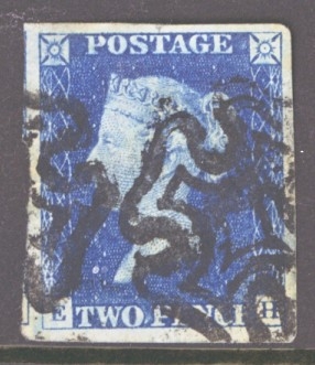 1840 2d Blue SG 5 Plate 2 lettered E.H.  A  Fine Used example with 4 Extra large Even Margins