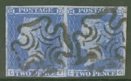 1841 2d Blue SG 14  Plate 3   A  Fine Used pair with 3 - 4 Margins Neatly Cancelled by a M/X