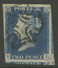 1840 2d Blue SG 5 Plate 1  A very fine used example with huge margins to just touched at bottom left