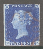 1840 2d Deep Blue SG 4 Plate 2  R.K.  A Fine Used example cancelled by a Red M/X. Reverse thin. Cat £1,000