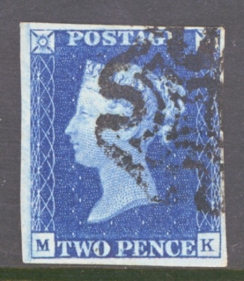 1840 2d Deep Blue SG 4 Plate 2 M.K. A Very Fine Used example with 4 Large Margins Neatly Cancelled by a Black M/X.  Cat …