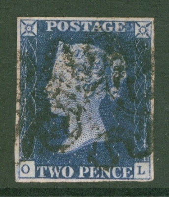 1840 2d Deep Blue SG 4 Plate 2 lettered O.L.  A  Fine Used example with 4 Good Margins cancelled by a Black M/X. Cat £1…