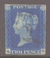 1840 2d Deep Blue SG 4 Plate 1 lettered Q.G.  A Fine Used example lightly Cancelled by a black M/X.