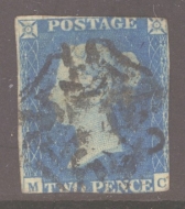 1840 2d Pale Blue SG 6 lettered M.C.  A Good Used example Cancelled by a black M/X.