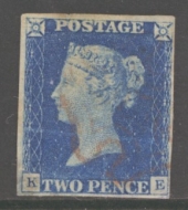 1840 2d Blue SG 5 Plate 1 lettered K.E.  A Fine Used example with 4 Clear to Good margins example 
