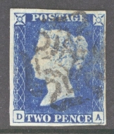 1840 2d Blue SG 5 Plate 1  Lettered D.A.  Very Fine Used Cancelled by a Black M/X