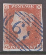 1841 1d Red cancelled by a Blue numeral Q.E. SG 8p  A Very Fine Used example with 4 Margins