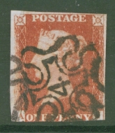 1841 1d Red  Cancelled by a 4 in Maltese cross SG 8m   A Good Used example with 3 Clear to Good Margins. Cat £500