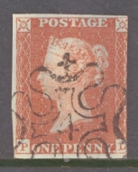 1841 1d Red  Cancelled by a 4 in Maltese cross SG 8m P.L.  A Very Fine Used example with 3 Large Margins neatly cancelled by a Crisp Upright 4 in MX . Cat £500