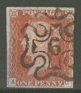 1841 1d Red Cancelled by a 6 in Maltese cross SG 8m A.C.  A Fine Used example with 3 Good margins 4th just touching. Cat £160