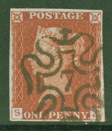 1841 1d Red cancelled by a 7 in Maltese cross SG 8m lettered S.J.  A Very Fine Used example with 4 Good to large margins. Cat £160