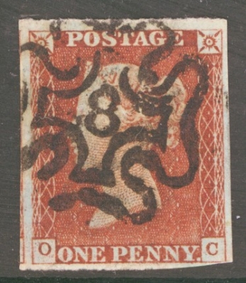 1841 1d Red Cancelled by an 8 in Maltese cross SG 8m Plate 40 O.C.  A Very Fine Used example with 4 Close to Large Margins.